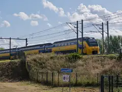 Tren de dos pisos amarillo y azul de NS circulando junto a un talud con hierba y catenaria bajo un cielo con nubes