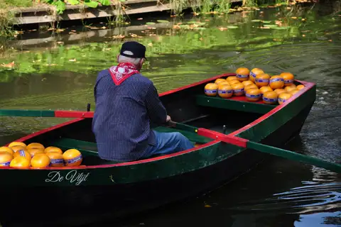 Hombre de espaldas remando en una barca verde y roja cargada de quesos redondos de corteza naranja por un canal neerlandés